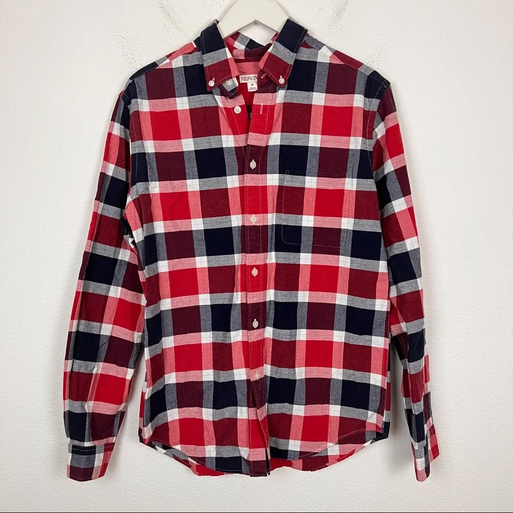 Merona Long Sleeve Plaid Button Down Shirt Men’s Size Medium Red White Blue - Picture 1 of 6